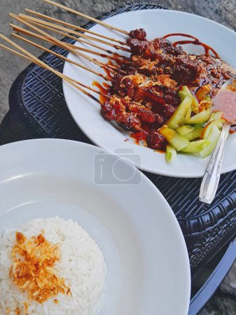 street food, goat and beef satay served with white rice