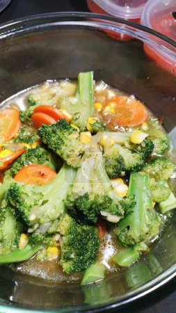 a bowl of homemade Capcay vegetable soup, a Chinese-Indonesian dish consisting of a variety of boiled or stir-fried vegetables