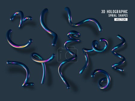 Set of 3d holographic abstract spiral shapes. Glossy geometric primitives with shadow on dark background. Iridescent trendy design, thin film effect. Vector.