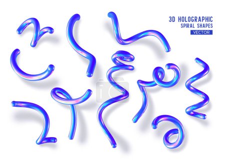 Conjunto de formas espirales abstractas holográficas 3d. Primitivas azules geométricas brillantes con sombra sobre fondo blanco. Diseño de moda iridiscente, efecto película delgada. Vector.