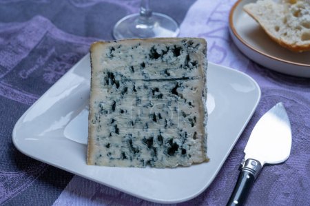 Photo for Piece of Bleu de Laqueuille semi-hard AOP French blue cheese made from raw cow milk close up - Royalty Free Image