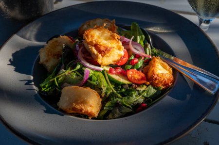 Téléchargez les photos : Alimentation méditerranéenne végétarienne saine, Salade de fromage halloumi grillé avec laitue verte, oignon, concombre et vinaigre - en image libre de droit