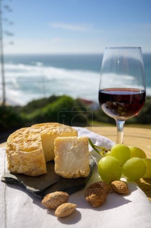 Téléchargez les photos : Dégustation de porto fauve et de fromage local portugais queijo serpa au raisin vert, région de Setubal, Portugal, gros plan - en image libre de droit