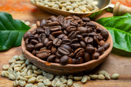 Téléchargez les photos : Grains de café verts et torréfiés de la région productrice de café d'Amérique du Sud, de Colombie et du Brésil avec des chaînes de montagnes et un climat idéal pour la culture du café, gros plan - en image libre de droit