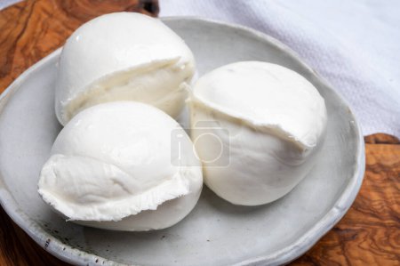 Foto de Bola blanca de queso blando italiano Mozzarella di Bufala Campana de cerca - Imagen libre de derechos