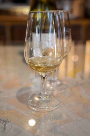 Foto de Degustación de vino chablis chardonnay blanco seco en una pequeña bodega de la ciudad de Chablis, Borgoña, Francia - Imagen libre de derechos
