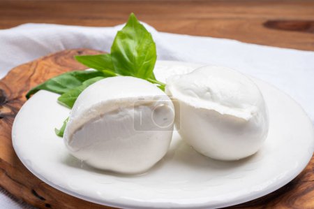 Foto de Bola blanca de queso blando italiano Mozzarella di Bufala Campana servido con hojas de albahaca verde fresco - Imagen libre de derechos