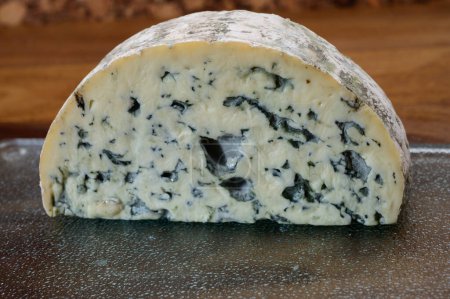 Photo for Cheese collection, piece of French blue cheese auvergne or fourme d'ambert close up - Royalty Free Image