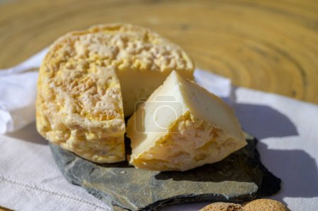 Tasting of local portuguese matured cheese queijo serpa,  Setubal area, Portugal, close up