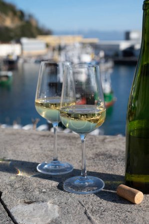 Téléchargez les photos : Tasting of txakoli or chacoli slightly sparkling very dry white wine produced in Spanish Basque Country with view on old port and sunny village Getaria, Spain - en image libre de droit