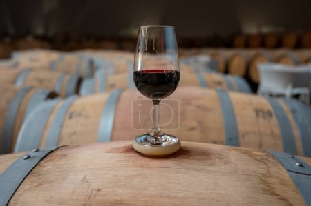Téléchargez les photos : Tasting of variety of rioja wines, visit of winery cellars with french or american oak barrels with agening red wine, Rioja wine making region, Spain - en image libre de droit