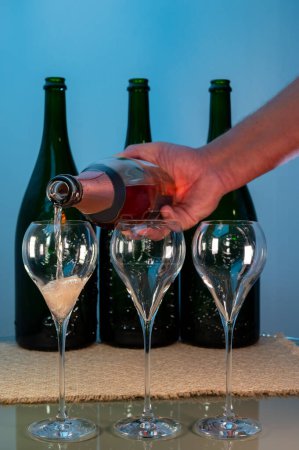 Foto de Degustación de vino espumoso de champán rosa brut en las bodegas de la casa de vinos Gran Cru en Epernay, tour de vinos en Champagne, Francia, botellas de magnum en el fondo - Imagen libre de derechos