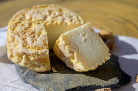 Téléchargez les photos : Dégustation de fromage portugais local queijo serpa, Setubal area, Portugal, gros plan - en image libre de droit