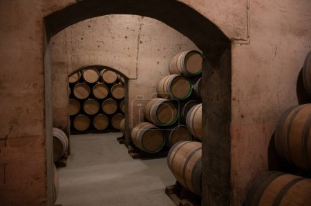 Téléchargez les photos : Old french oak wooden barrels in underground cellars for wine aging process, wine making in La Rioja region, Spain - en image libre de droit