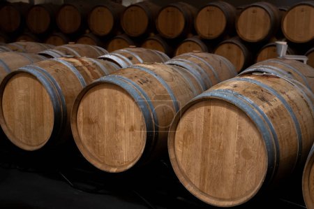 Foto de Rows of french and american oak barrels with red dry wine in cellars of winery in Rioja wine making region, Spain - Imagen libre de derechos