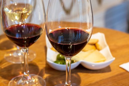Foto de Tasting of different red and white rioja wines, visit of winery cellars, Rioja wine making region, Spain - Imagen libre de derechos
