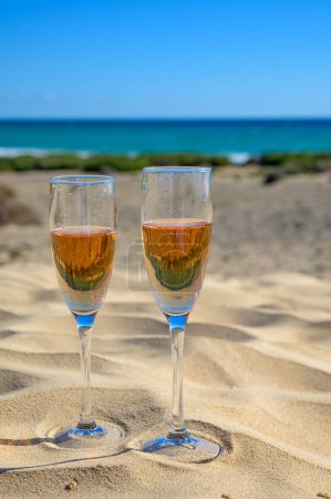 Téléchargez les photos : Two glasses of rose champagne or cava sparkling wine served on the white sandy tropical beach with dunes and blue ocean, romantic vacation, winter sun on Fuerteventura, Canary, Spain - en image libre de droit