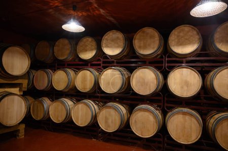 Production of fortified jerez, xeres, sherry wines in french oak barrels in sherry triangle, Jerez la Frontera, El Puerto Santa Maria and Sanlucar Barrameda Andalusia, Spain