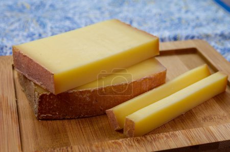 Photo for Cheese collection, French hard comte cheese made from cow milk in region Franche-Comte, France close up - Royalty Free Image