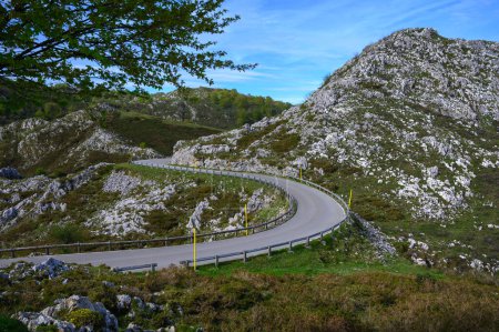 Téléchargez les photos : Vue de la route de montagne étroite de Cangas de Onis, Covadonga aux lacs de montagne reculés Lagos de Covadonga, montagnes Picos de Europa, Asturies, Nord de l'Espagne. - en image libre de droit