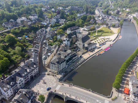 Photo for Aerial view on medieval town Bouillon with old fortified castle, Luxembourg province of Wallonie, Belgium - Royalty Free Image