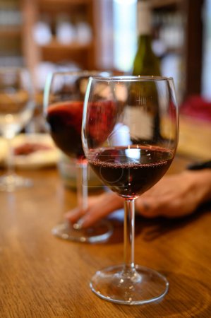 Foto de Degustación de variedad de vinos tintos rioja españoles, visita de bodegas, región vinícola de Rioja, España - Imagen libre de derechos