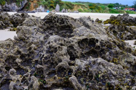 Téléchargez les photos : Vue sur rochers sur Playa de Borizo à Celorio, côte verte des Asturies, Espagne du Nord avec plages de sable blanc, falaises, grottes cachées, champs verts, forêts et montagnes. - en image libre de droit