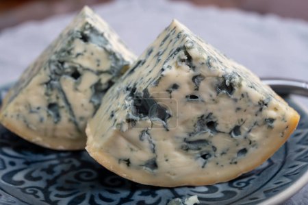 Photo for Cheese collection, piece of French blue cheese auvergne or fourme d'ambert close up. - Royalty Free Image
