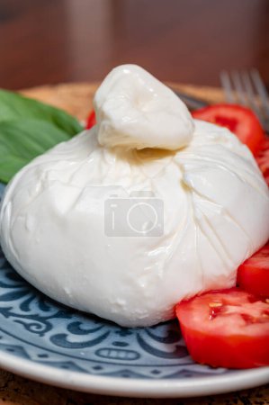 Photo for Fresh handmade soft Italian cheese from Puglia, white ball of burrata foglia saporosa or burratina cheese made from mozzarella and cream filling served with tomatoes and fresh basil. - Royalty Free Image