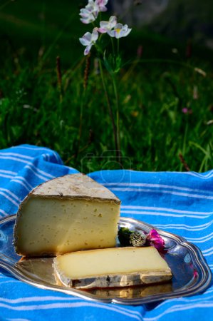 Foto de Colección de quesos, queso Tomme de Savoie de la región de Saboya en los Alpes franceses, queso de leche de vaca suave servido al aire libre, vista sobre prados verdes de las montañas de los Alpes franceses - Imagen libre de derechos
