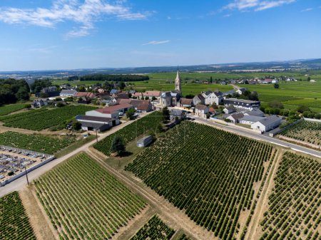 Téléchargez les photos : Vue aérienne sur les villages perchés de Saint-Andelain entourés de vignobles qui font partie de la région viticole de Pouilly-Fum, vallée de la Loire, centre de la France - en image libre de droit