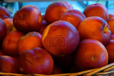 Téléchargez les photos : Nouvelle récolte de nectarines rouges fraîches et mûres en Provence, France - en image libre de droit