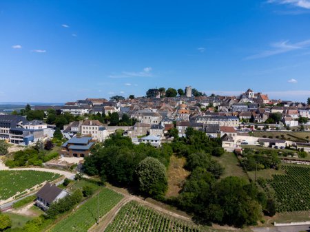 Luftaufnahme der grünen Weinberge rund um das Winzerdorf Sancerre, Reihen von Sauvignon-Blanc-Trauben auf Hügeln mit unterschiedlichen Böden, Cher, Loire-Tal, Frankreich