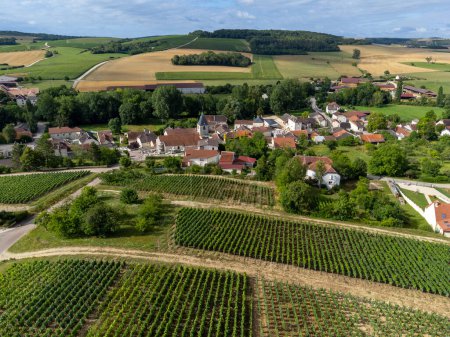 Photo for Aerial view on hilly green ineyards and village Urville, champagne vineyards in Cote des Bar, Aube, south of Champange, France - Royalty Free Image
