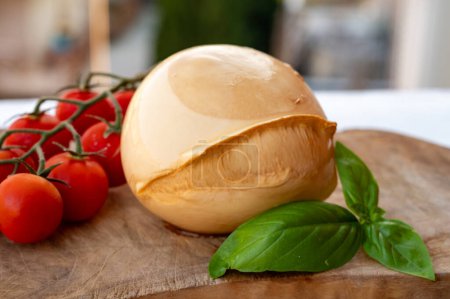 Foto de Bola de ahumado sabroso queso blando italiano Mozzarella di Bufala Campana servido con albahaca verde fresca y tomates sicilianos rojos - Imagen libre de derechos