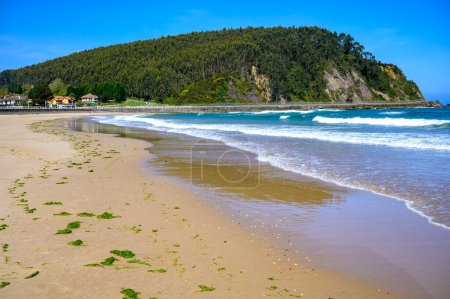 Téléchargez les photos : Vue sur Playa de Ribadesella, Côte verte des Asturies, Espagne du Nord avec plages de sable blanc, falaises, grottes cachées, champs verts et montagnes. - en image libre de droit
