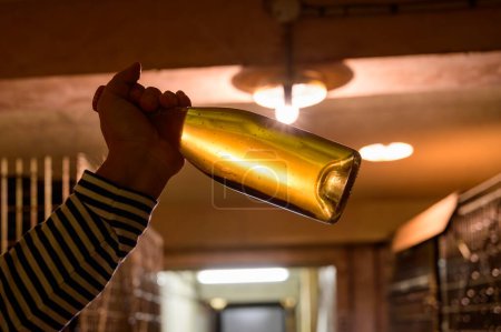 Foto de Visita de cuevas subterráneas, exposición de sedimentos en botella, elaboración tradicional de vino espumoso de champán en Cote des Bar, Champagne, Francia - Imagen libre de derechos