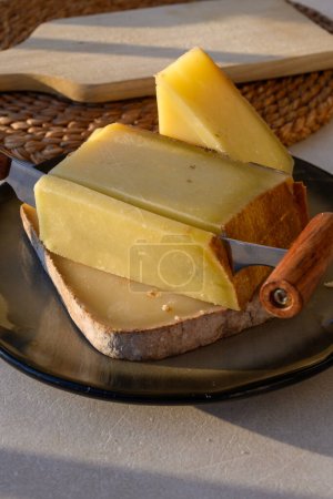 Photo for Cheese collection, French cow cheese comte, beaufort, abondance close up - Royalty Free Image