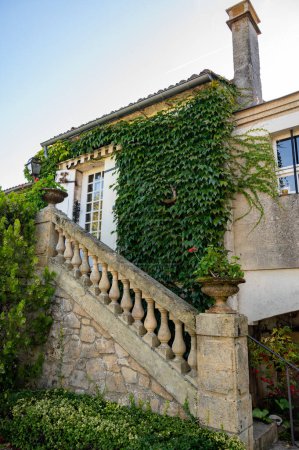 Téléchargez les photos : Vues de l'ancien domaine viticole sur les vignobles Sauternes dans le village de Barsac affecté par la pourriture noble Botrytis cinerea, élaboration de vins Sauternes de dessert sucré à Bordeaux, France - en image libre de droit