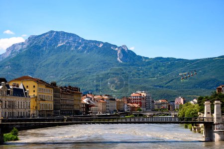 Photo for Views of central part of Grenoble city witn mountains around, old cable car, Bastille fortress, Isere, France in summer - Royalty Free Image