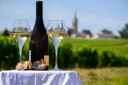 Foto de Vasos de vino blanco de viñedos de la denominación Pouilly-Fume y ejemplo de suelo de guijarros de pedernal, cerca de Pouilly-sur-Loire, Borgoña, Francia. - Imagen libre de derechos