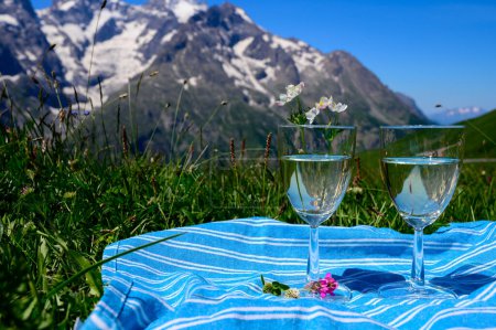 Téléchargez les photos : Verres de vin blanc sec Roussette de Savoie ou Vin de Savoie de Savoie servis sur les prairies alpines fleuries du Col du Lautaret sur les montagnes des Alpes en été, France. - en image libre de droit