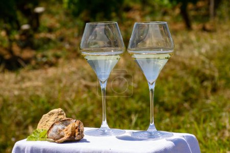 Téléchargez les photos : Verres de vin blanc provenant des vignobles de Pouilly-Fume appelation et exemple de cailloux de silex, près de Pouilly-sur-Loire, Bourgogne, France. - en image libre de droit