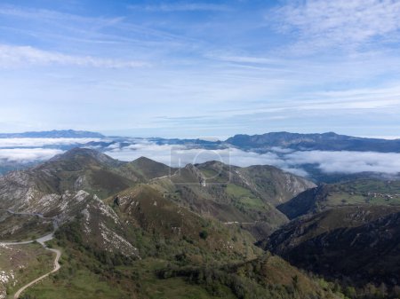 Photo for View from narrow mountain road from Cangas de Onis, Covadonga to remote mountain lakes Lagos de Covadonga, Picos de Europa mountains, Asturias, North of Spain. - Royalty Free Image
