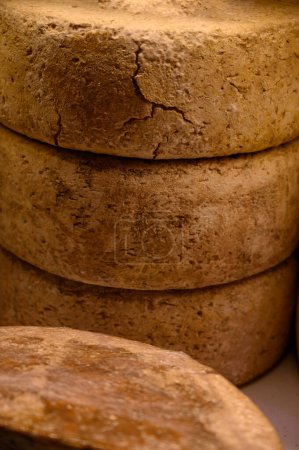 Téléchargez les photos : Différents fromages asturiens à base de fonte de vache, de chèvre et de mouton exposés dans une fromagerie paysanne, Asturies, Espagne du Nord, gros plan - en image libre de droit