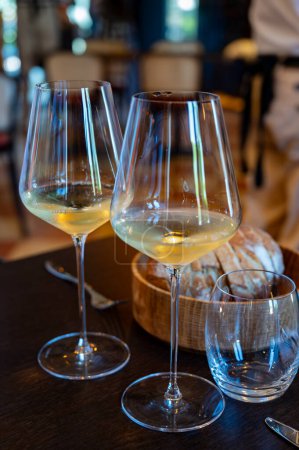 Téléchargez les photos : Dégustation de vin blanc de Bordeaux à Sauternes, rive gauche de l'estuaire de la Gironde, France. Verres de vin blanc doux français servis au restaurant - en image libre de droit