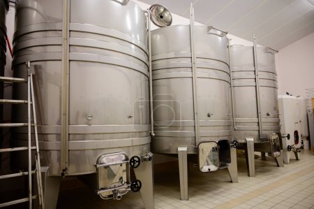 Foto de Tour de vinos en bodegas de dominio en la denominación Pouilly-Fume, tanques para vino blanco de viñedos de la denominación Pouilly-Fume cerca de Pouilly-sur-Loire, Borgoña, Francia. - Imagen libre de derechos