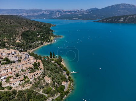 Photo for Aerial view on blue lake of Serre-Poncon, reservoir border between Hautes-Alpes and Alpes-de-Haute Provence   departments, one of largest in Western Europe - Royalty Free Image