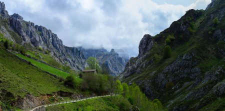 Foto de Conduciendo carretera de montaña estrecha desde Los Arenas hasta el remoto pueblo de montaña de Sotres, Picos de Europa, Asturias, norte de España, vista del desfiladero y las montañas - Imagen libre de derechos