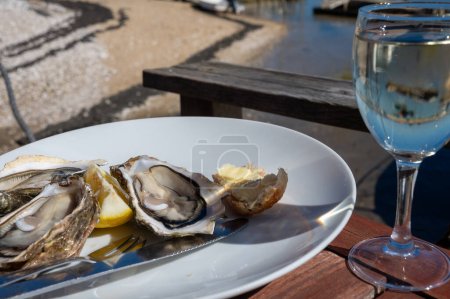Essen frischer lebender Austern mit einem Glas Weißwein im Bauernhofcafé im Austernzuchtdorf, mit Blick auf Boote und Wasser der Bucht von Arcachon, Halbinsel Cap Ferret, Bordeaux, Frankreich bei schönem Wetter
